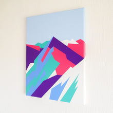 Load image into Gallery viewer, Side view or brightly coloured geometric mountain painting on canvas