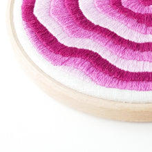 Load image into Gallery viewer, Close up detail of pink and white satin stitch mount fuji topography map