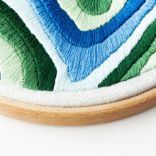 Load image into Gallery viewer, Detail of satin stitch embroidered in green and blue