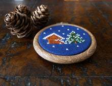Load image into Gallery viewer, Snowy Ski Lodge Cross Stitch Christmas Ornament – Navy Blue 3&quot; Cross Stitch Decoration
