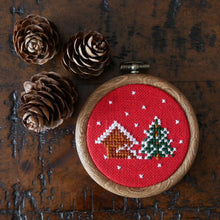 Load image into Gallery viewer, Snow Scene Christmas Decoration – Red 3&quot; Embroidery Hoop Ornament
