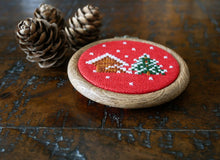 Load image into Gallery viewer, Snow Scene Christmas Decoration – Red 3&quot; Embroidery Hoop Ornament
