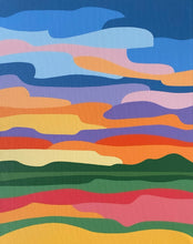 Load image into Gallery viewer, Colorful abstract landscape with wavy patterns on a blue background
