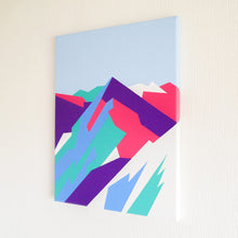 Load image into Gallery viewer, Side view or brightly coloured geometric mountain painting on canvas
