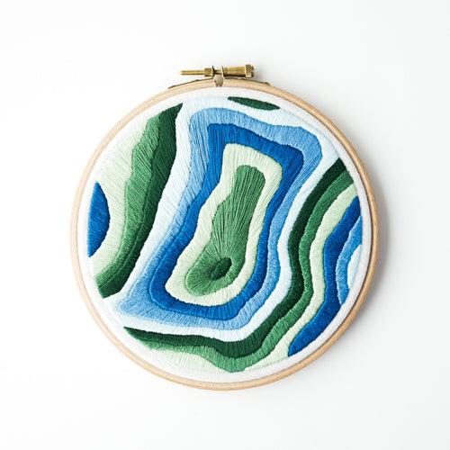Mount Hood topographic map embroidery by Snowbird Artworks